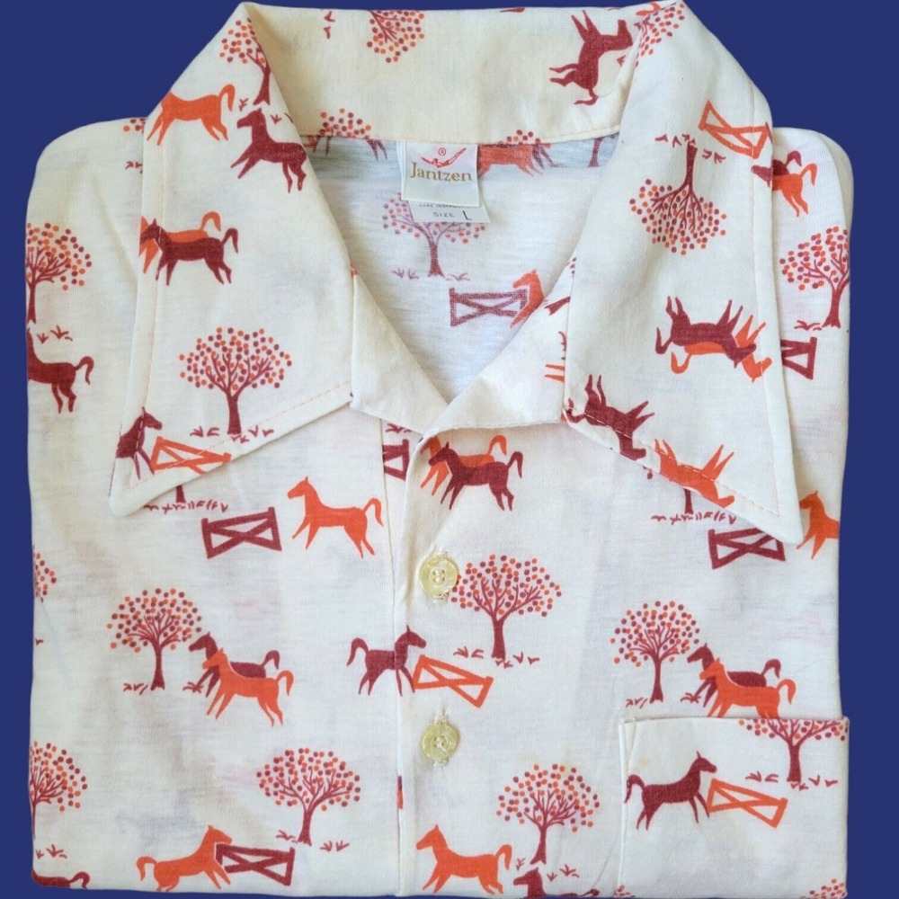 Vintage Men's 70's Jantzen Polo Shirt Horses Trees Print‎ L